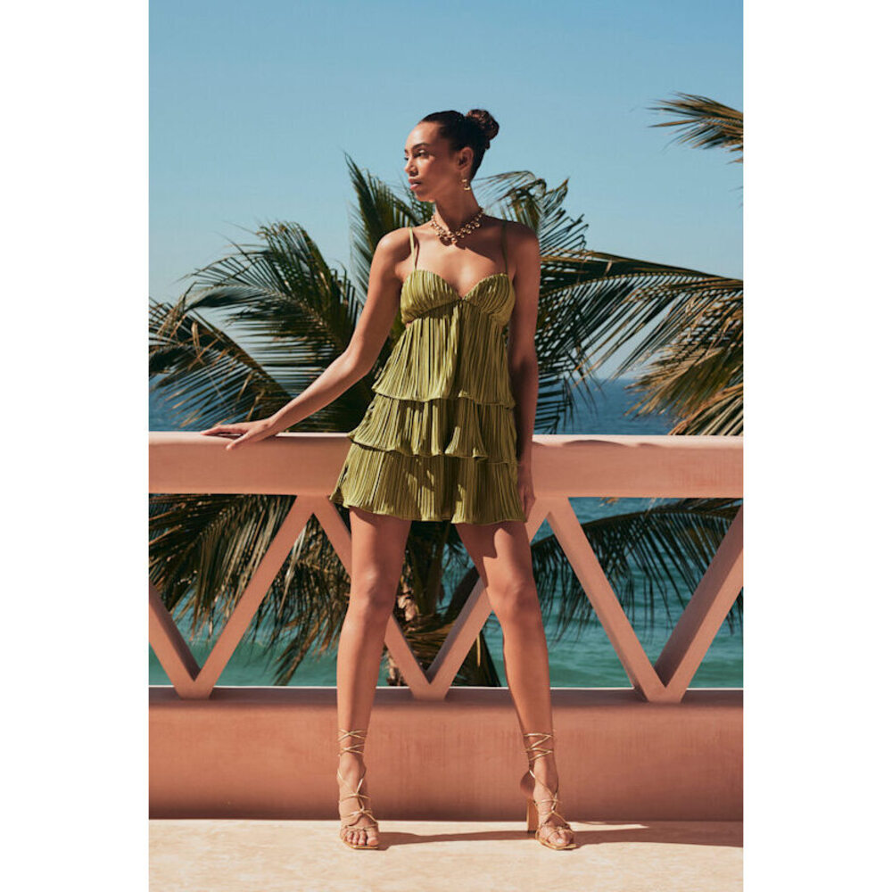 Lulus Sleek Dedication Green Satin Plisse Cutout Tiered Mini Dress - Size L